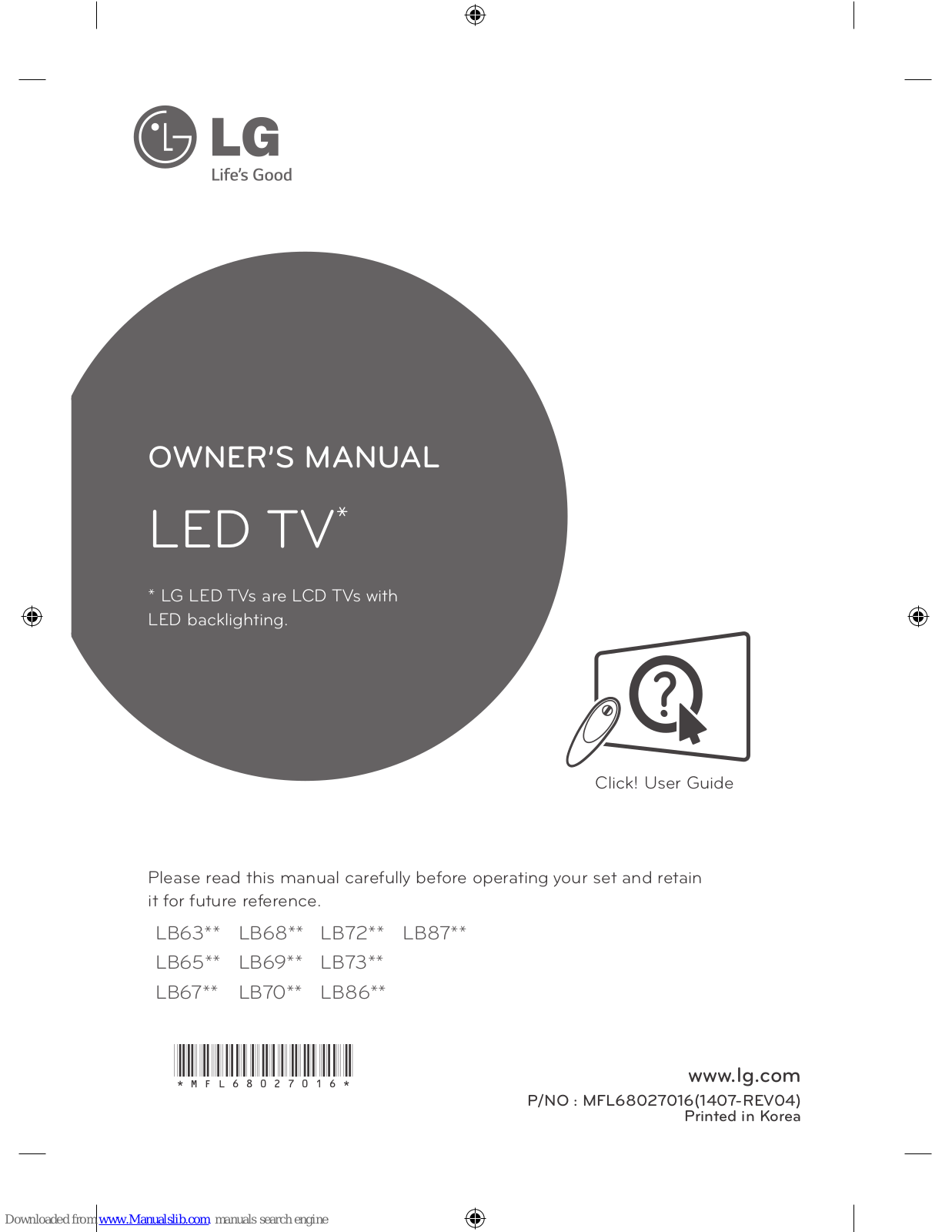 LG LB68 series, LB63 series, LB69 series, LB72 series, LB73 series Owner's Manual