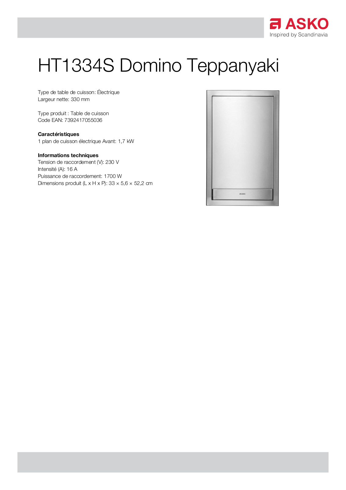 Asko HT1334S product sheet