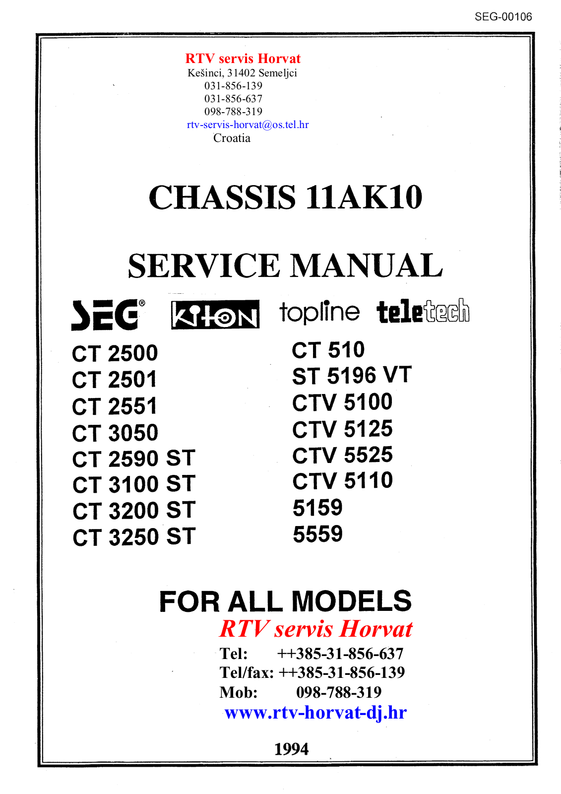 VESTEL 11AK10, CT2501, CT2551, CT3050, CT2590 Service Manual