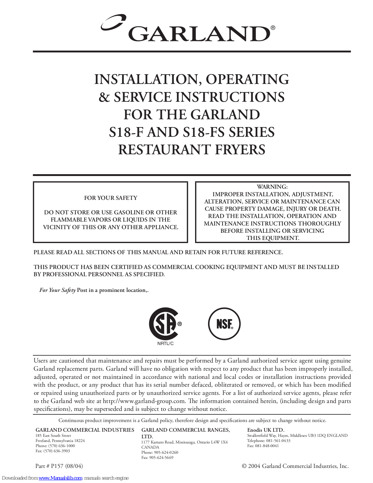 Garland S18F Series, S18-FS SERIES, S18SF Series Installation, Operating & Service Instructions