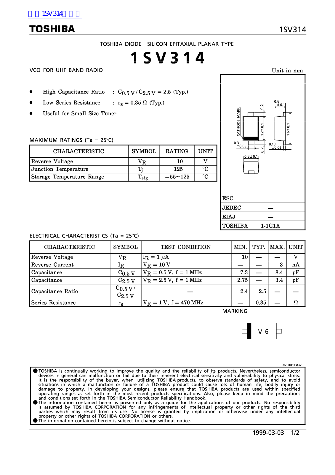 TOSHIBA 1SV314 Technical data