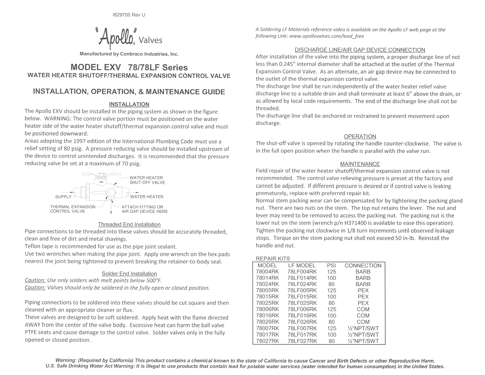 Apollo EXV 78LF, EXV 78 User Manual