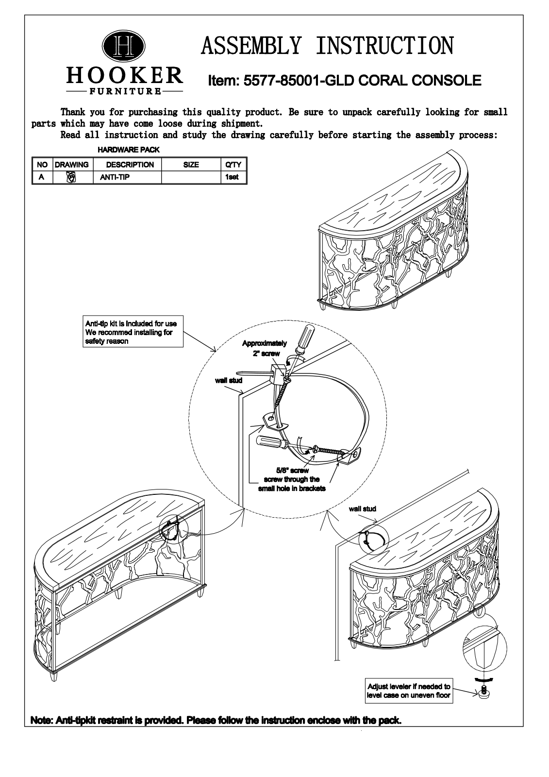 Hooker Furniture 557785001GLD Assembly Guide