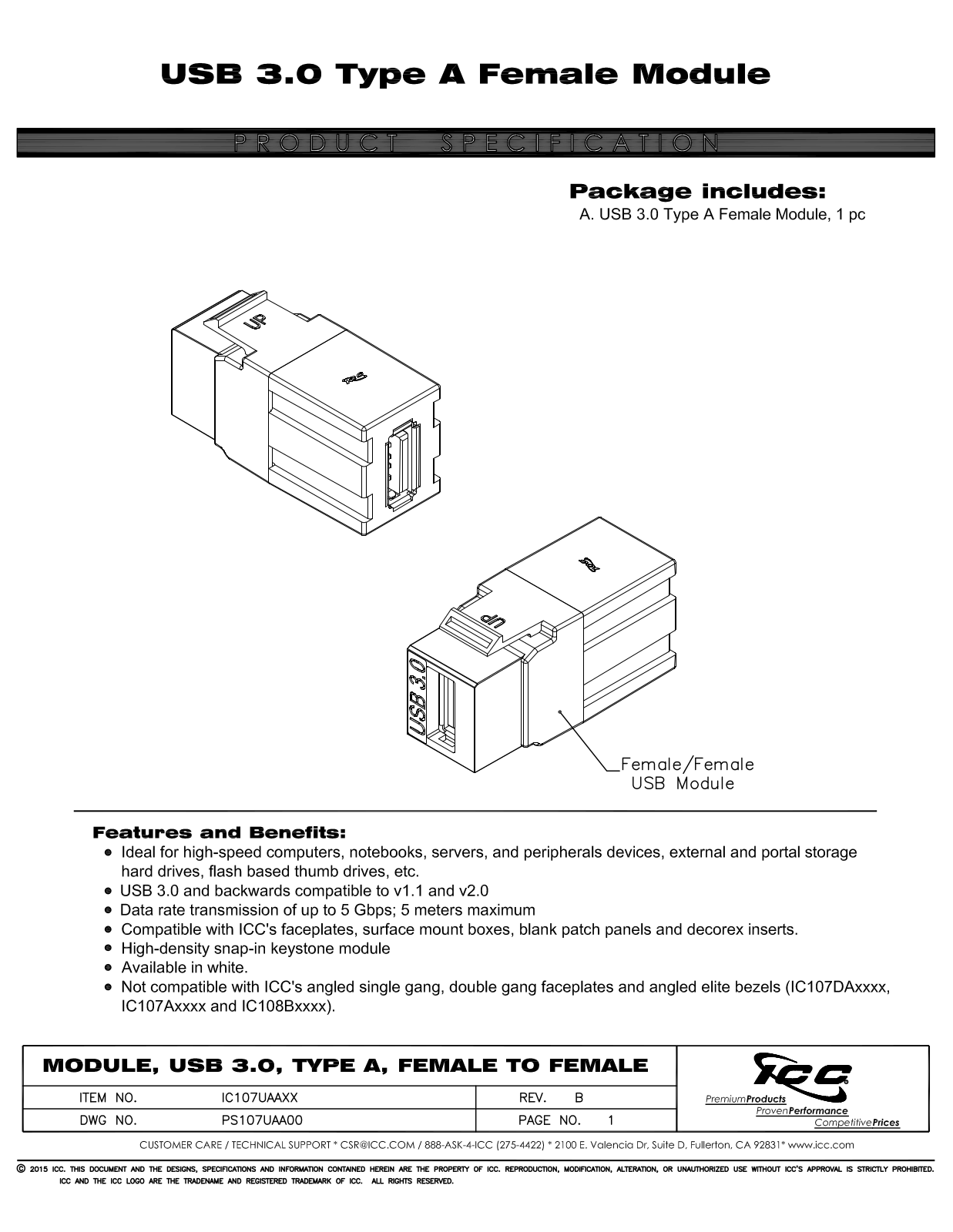 ICC IC107UAAWH Specsheet