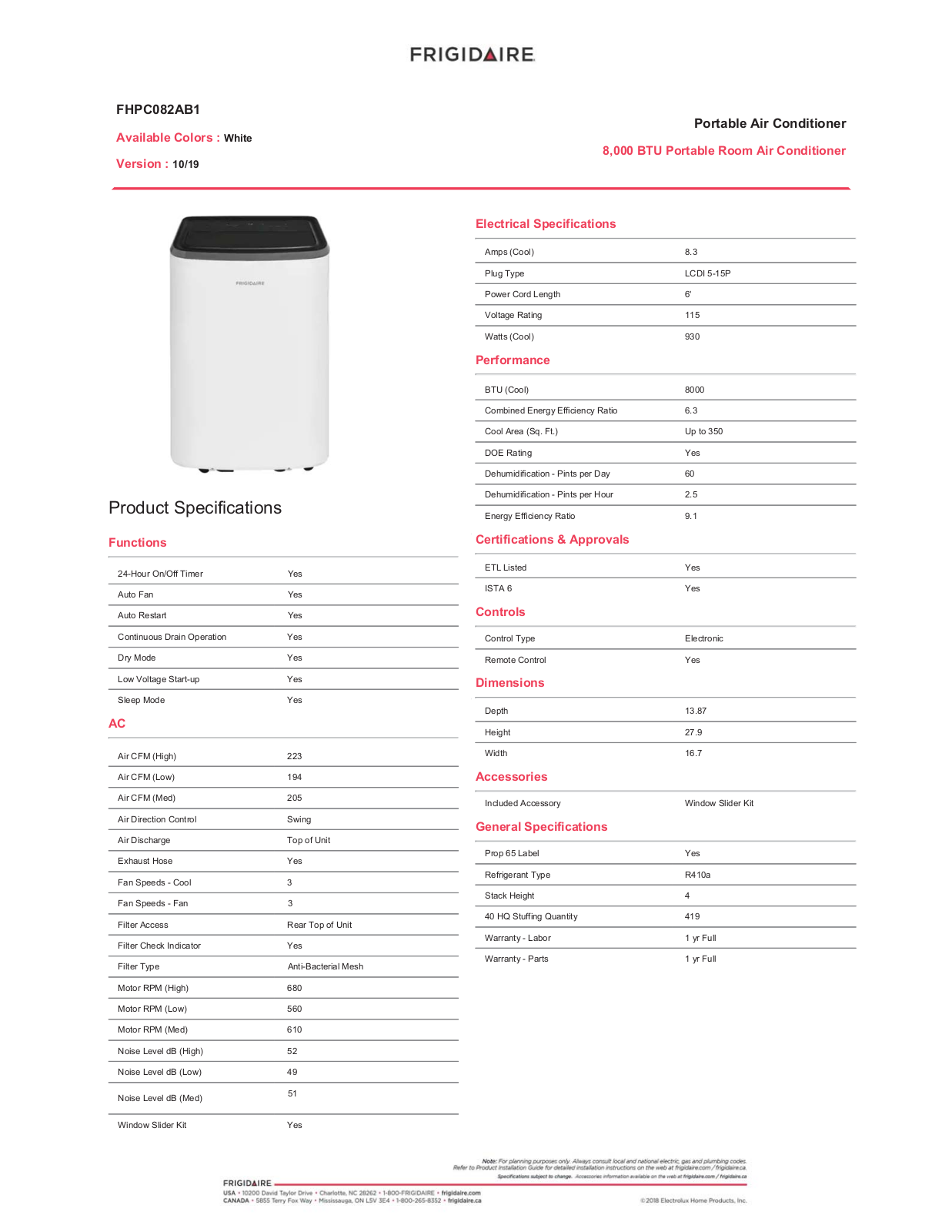 Frigidaire FHPC082AB1 Specifications
