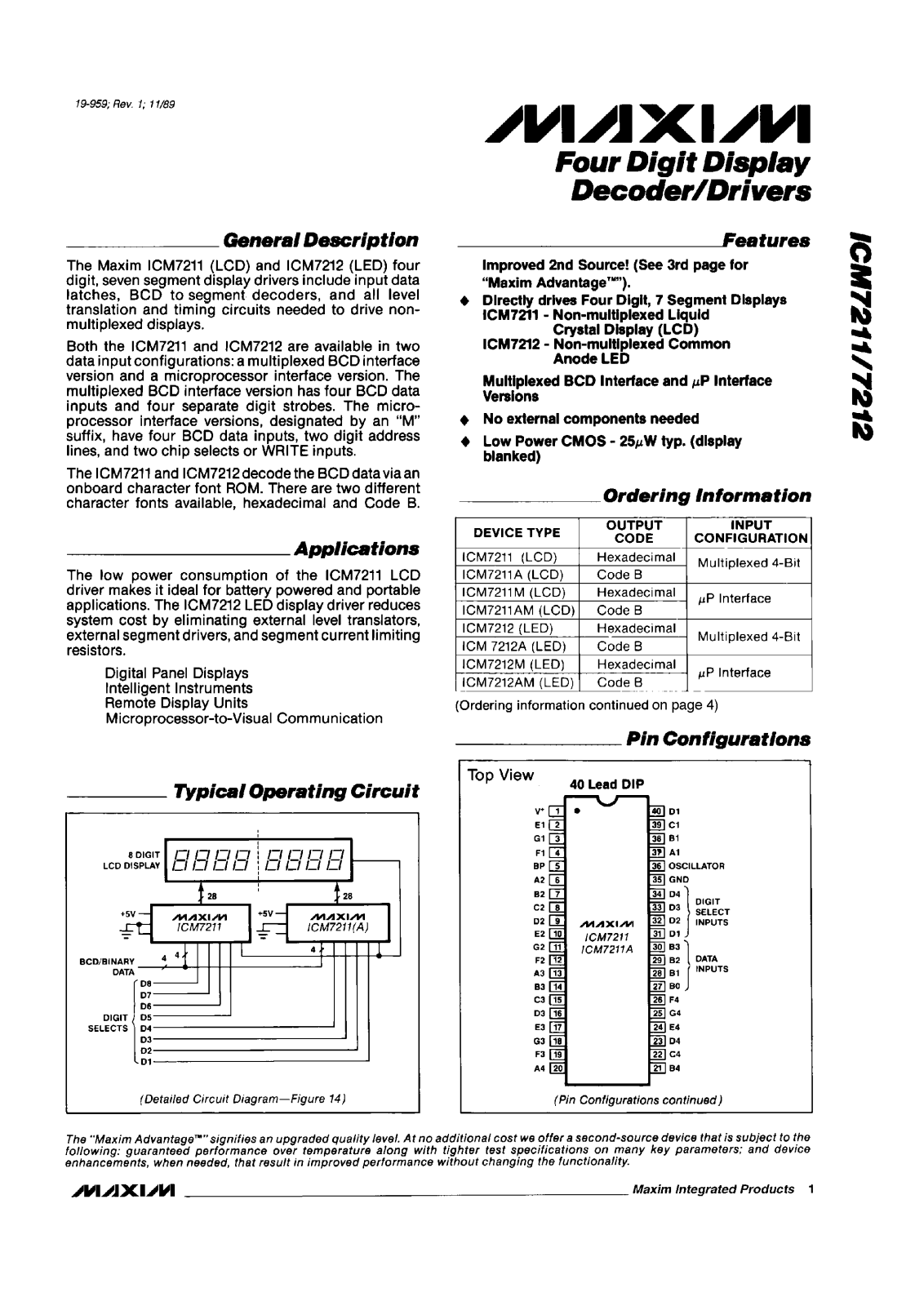 Maxim Integrated Producs ICM7211AIPL, ICM7211AIQ, ICM7211AMIPL, ICM7211AMIQ, ICM7211IPL Datasheet