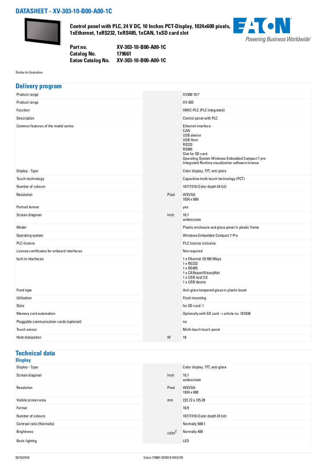 Cutler Hammer, Div of Eaton Corp XV-303-10-B00-A00-1C Data Sheet