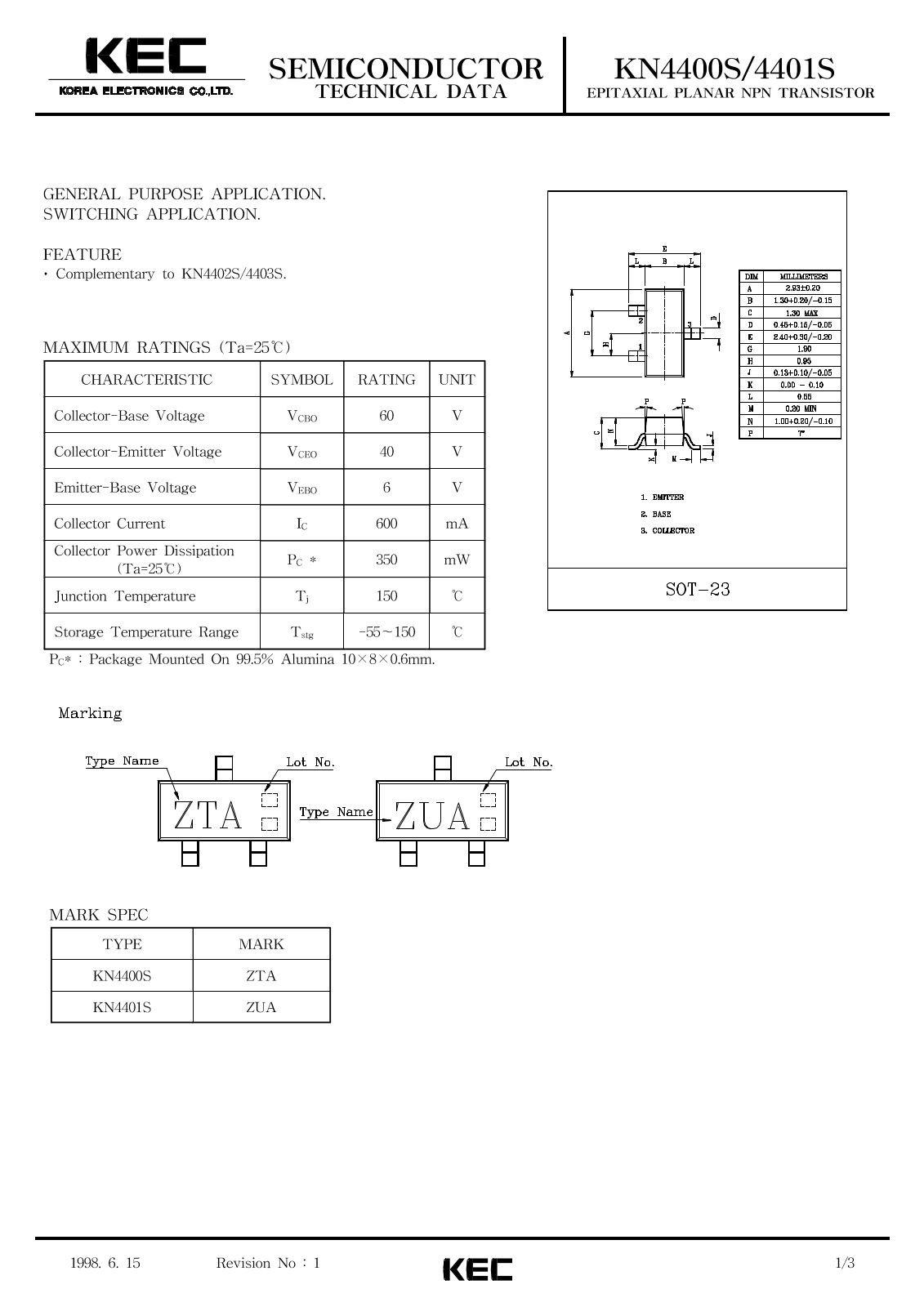 KEC KN4401S, KN4400S Datasheet