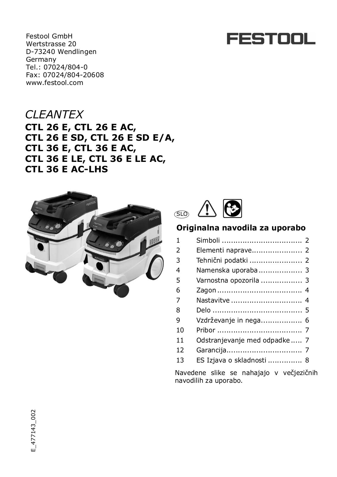 Festool CTL 36 E AC-LHS, CTL 36 E LE AC, CTL 26 E AC, CTL 36 E AC, CTL 26 E User Manual