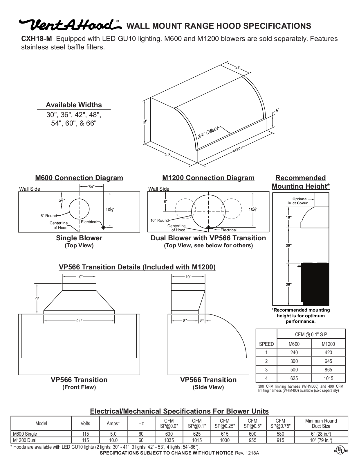 Vent-A-Hood CXH18-M SPECIFICATIONS