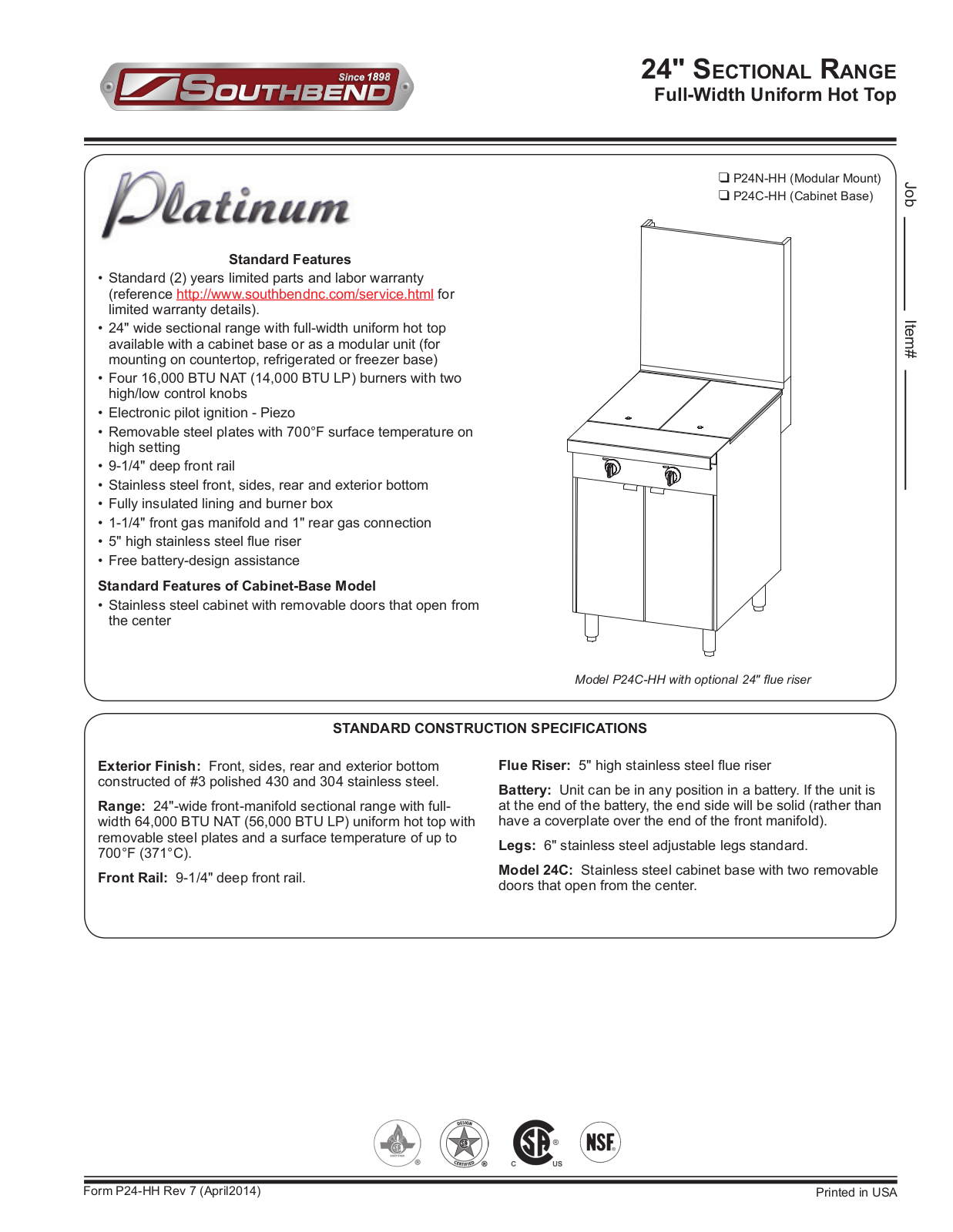 Southbend P24CHH Product Sheet