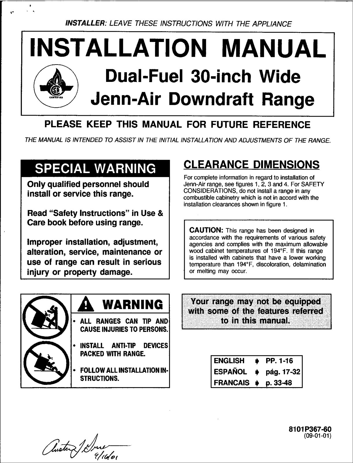 Jenn-Air JDS9860ACW, JDS9860ACB, JDS9860ACP Installation Instructions