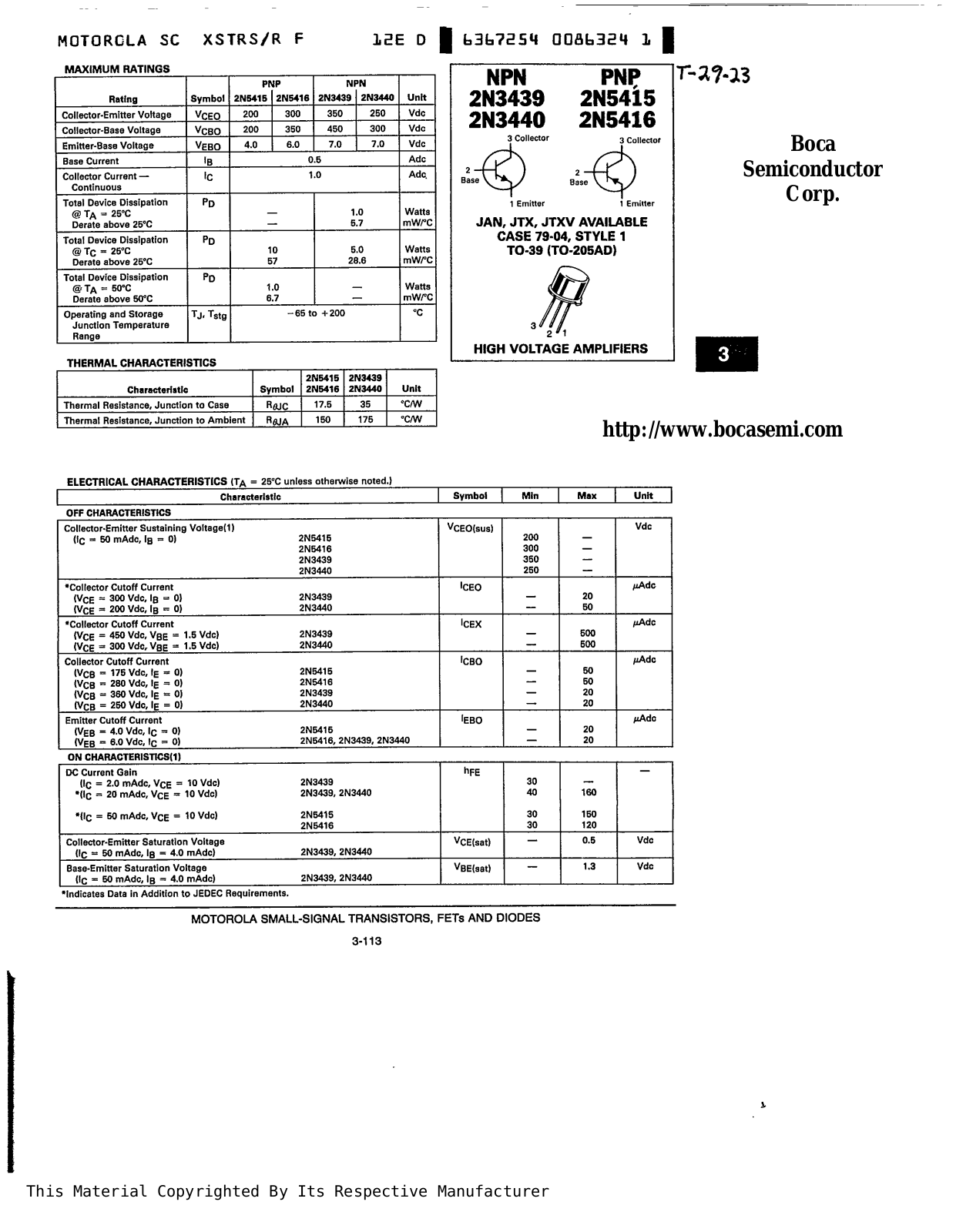 BOCA 2N5416, 2N5415, 2N3440, 2N3439 Datasheet