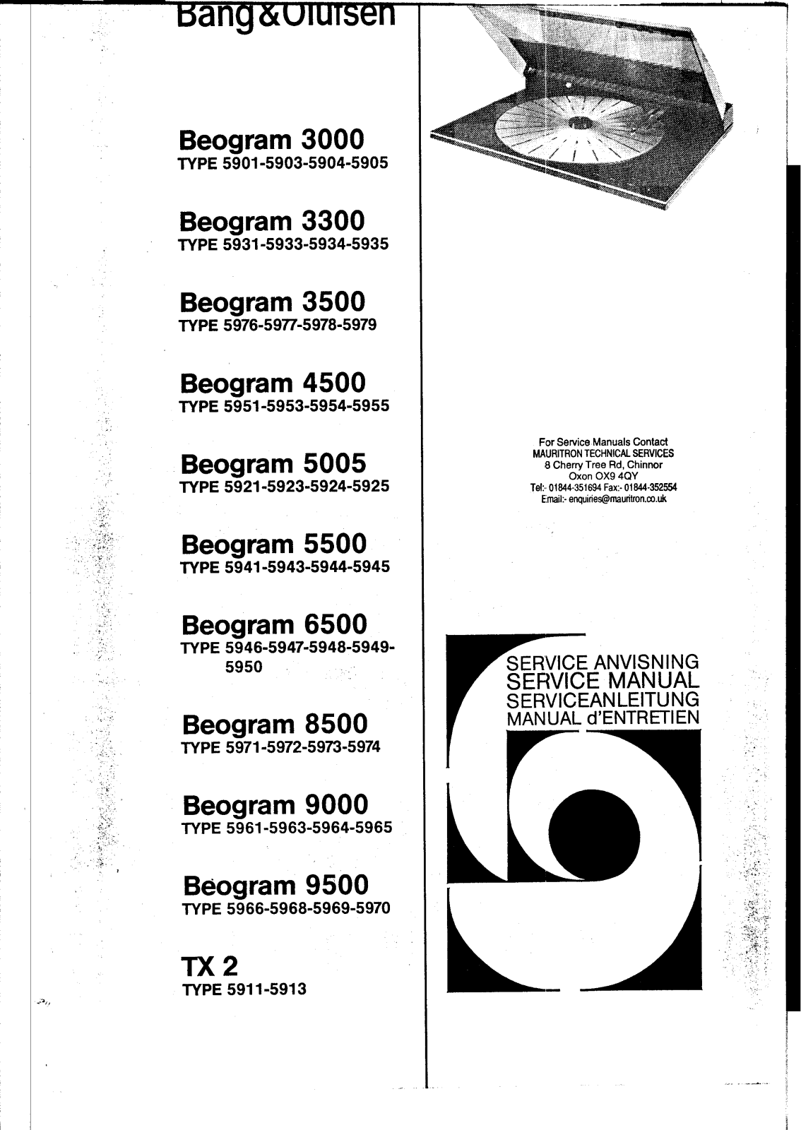 Bang & Olufsen Beogram TX-2 Service Manual