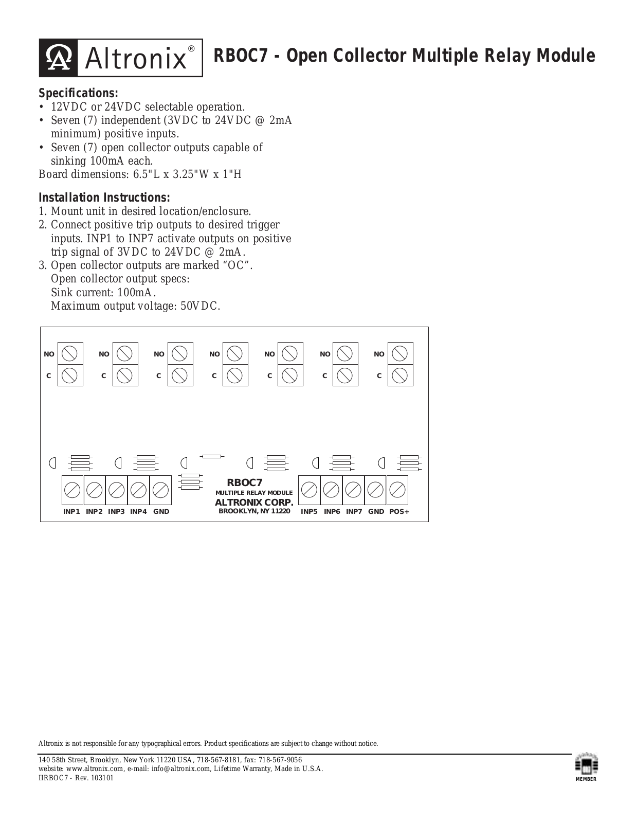 Altronix RBOC7 Installation Manual