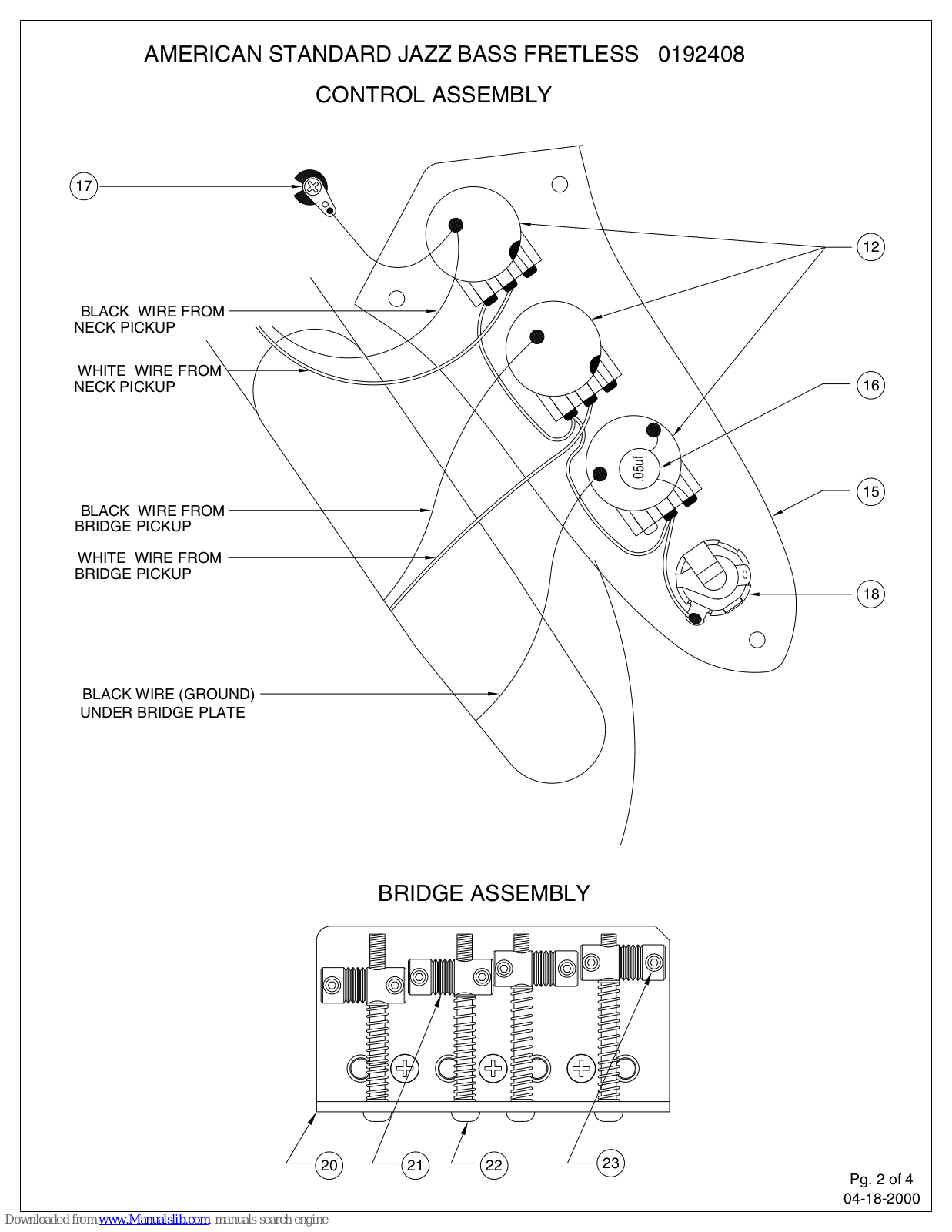 Fender 192408, AMERICAN STANDARD JAZZ BASS FRETLESS 0192408 Assembly Manual