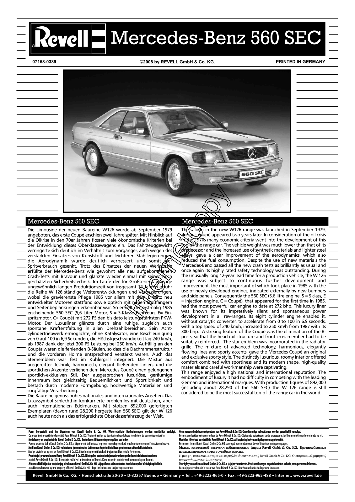 REVELL Mercedes Benz 560 SEC Premium User Manual