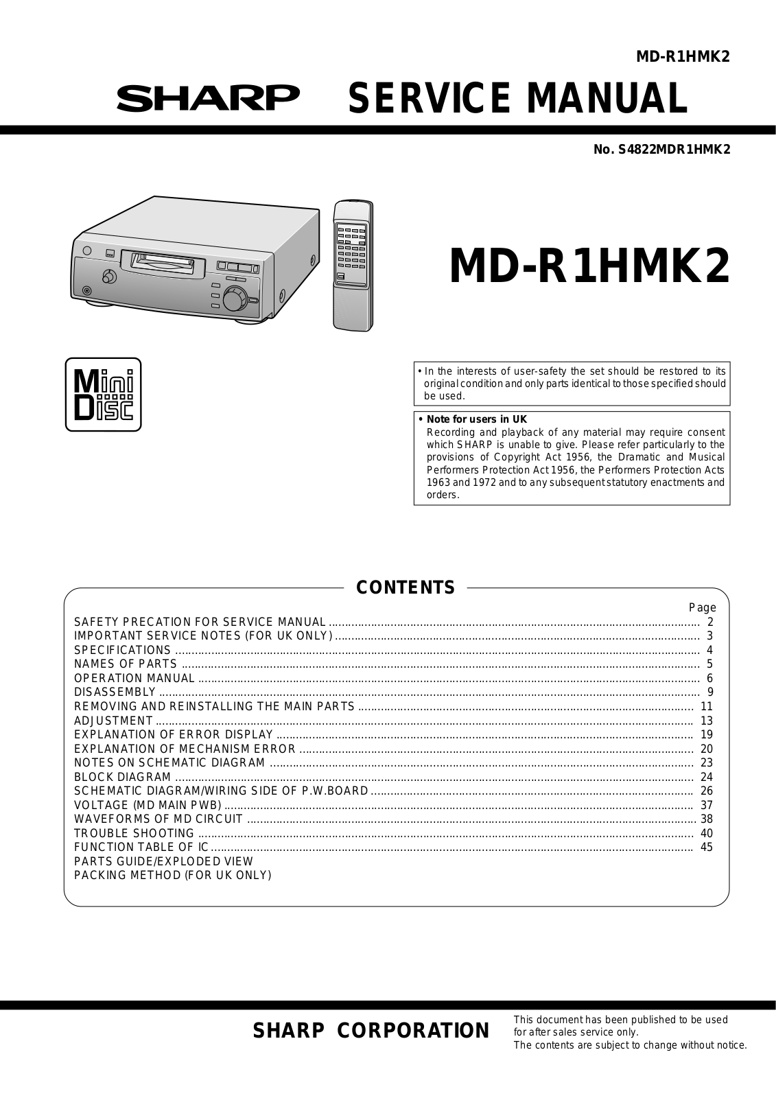 Sharp MDR-1-HMK-2 Service manual