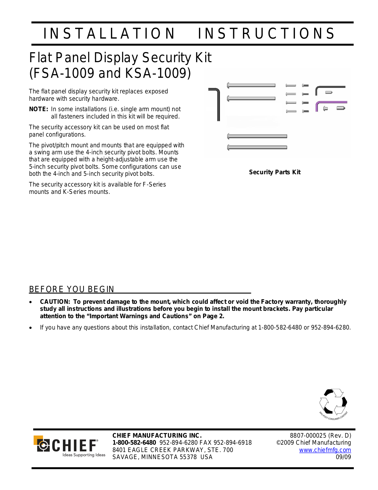 CHIEF KSA1009 User Manual