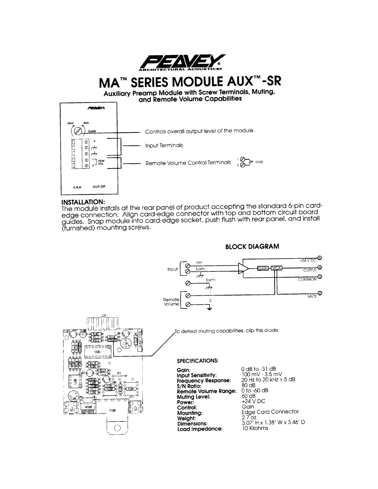 Peavey MA Series MODULE AUX-SR INSTALLATION GUIDE