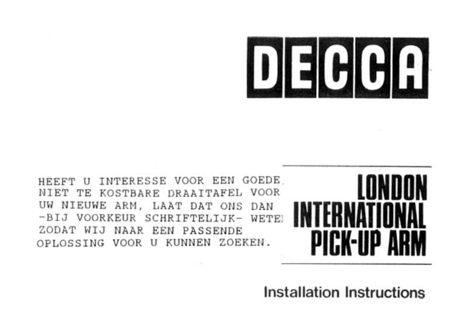 Decca Internationa, International Owners manual