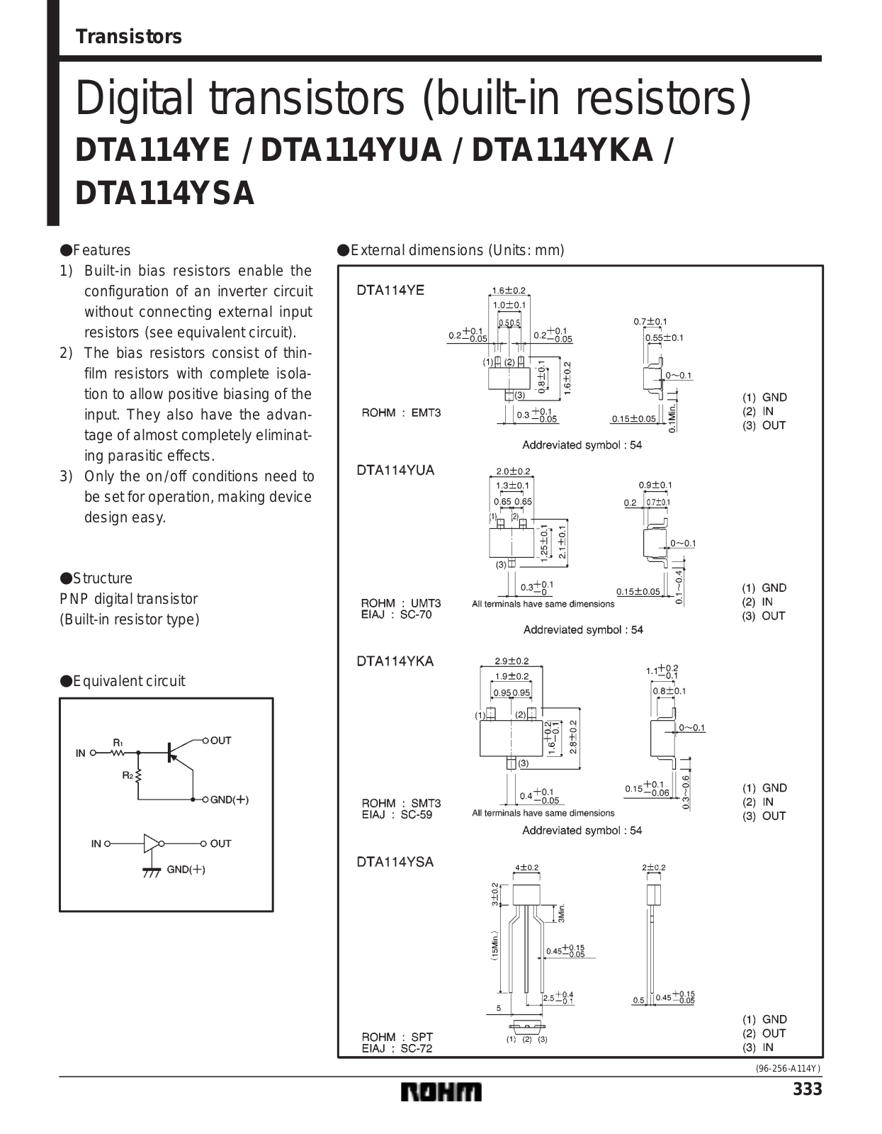 ROHM DTA114YUA, DTA114YSA, DTA114YKA, DTA114YE Datasheet