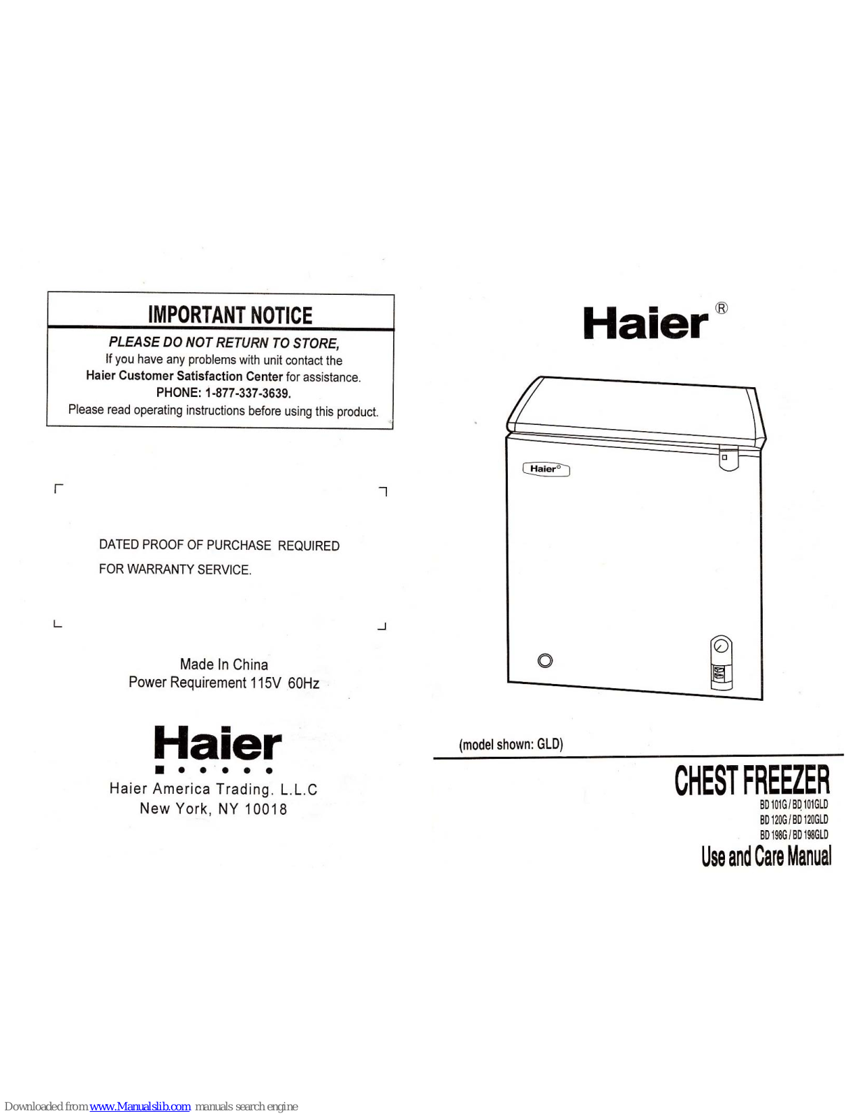 Haier BD-101G, BD 120G, BD 198G, BD 101GLD, BD 120GLD User Manual