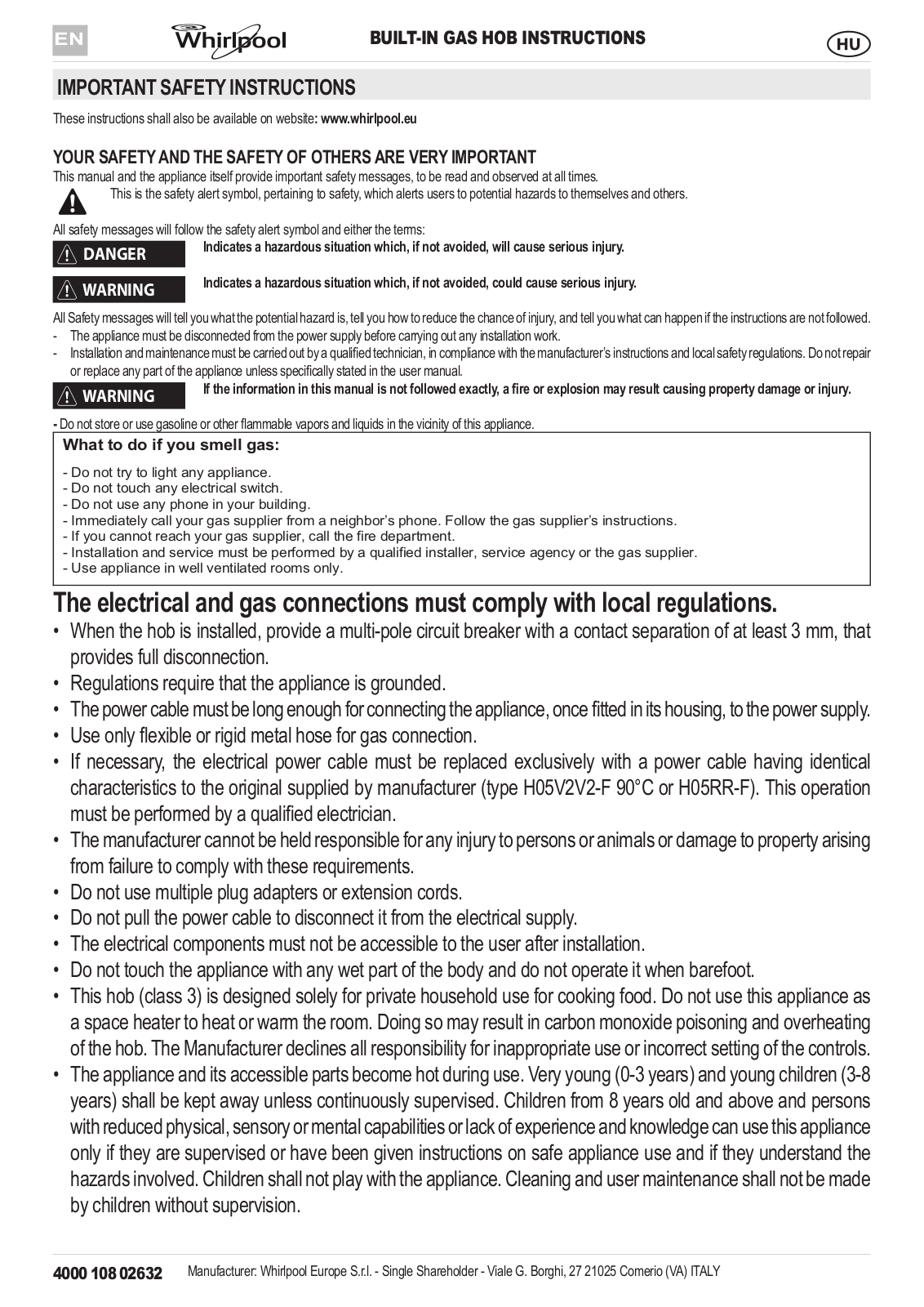 WHIRLPOOL AKR 350/IX User Manual