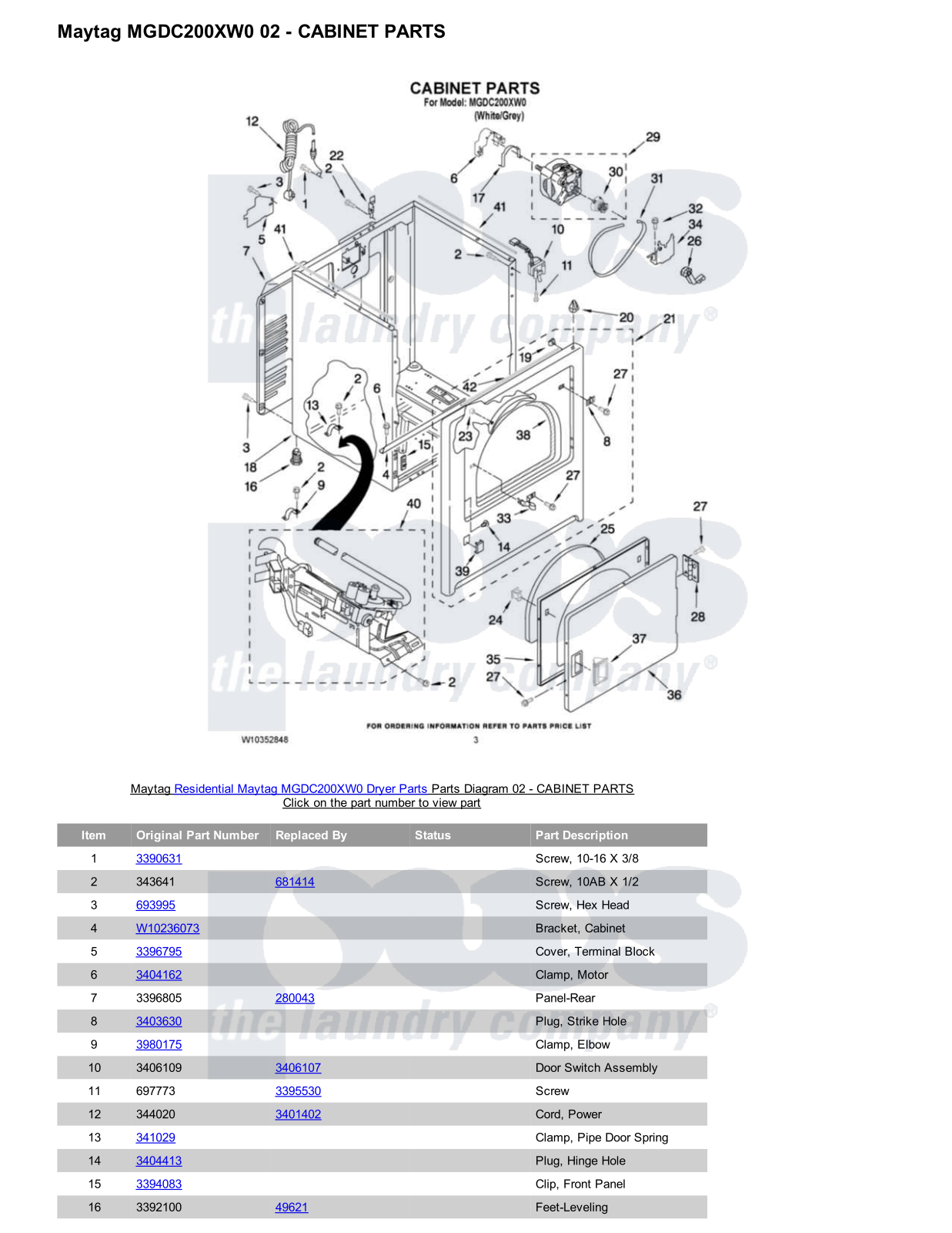 Maytag MGDC200XW0 Parts Diagram