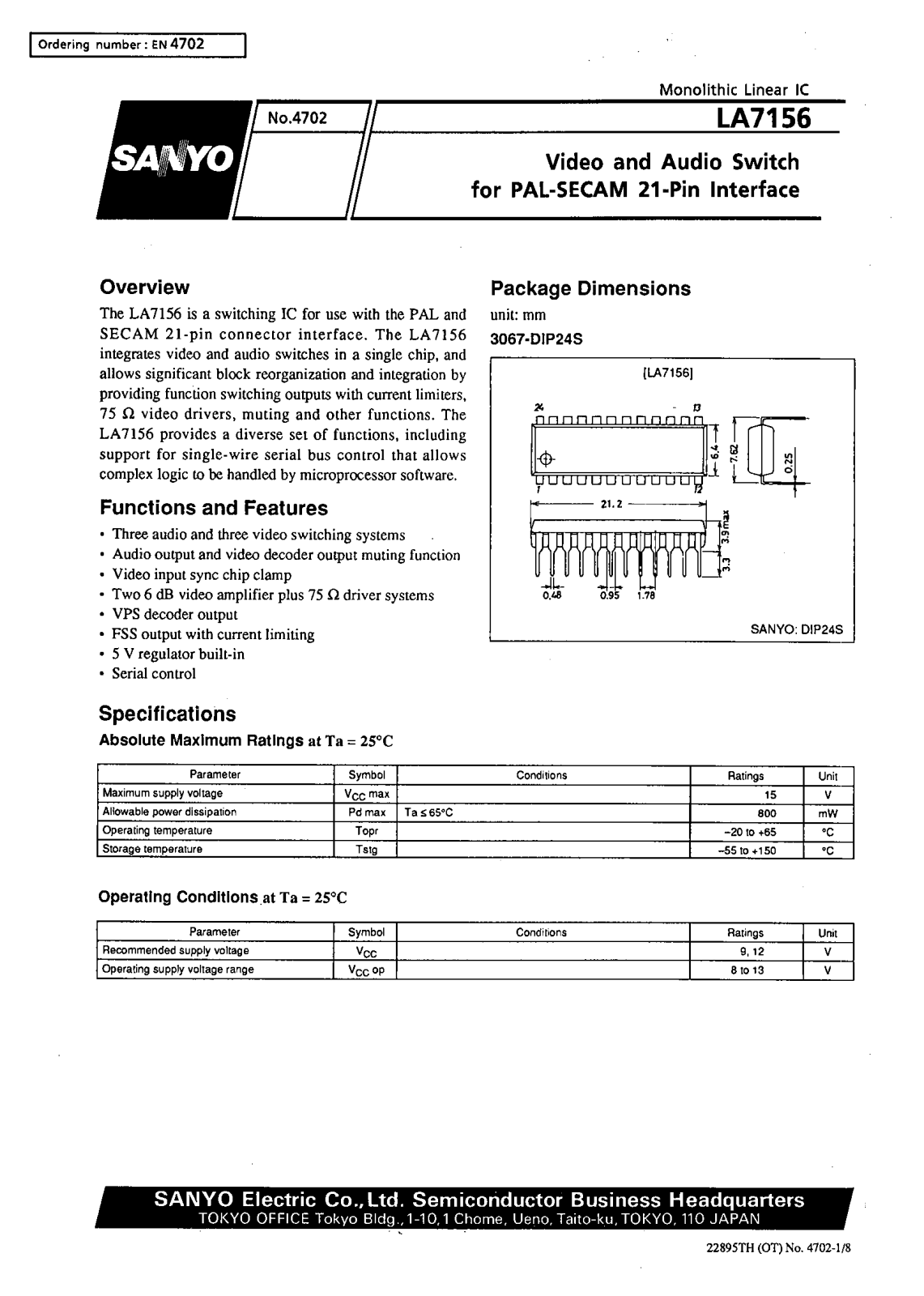 SANYO LA7156 Datasheet