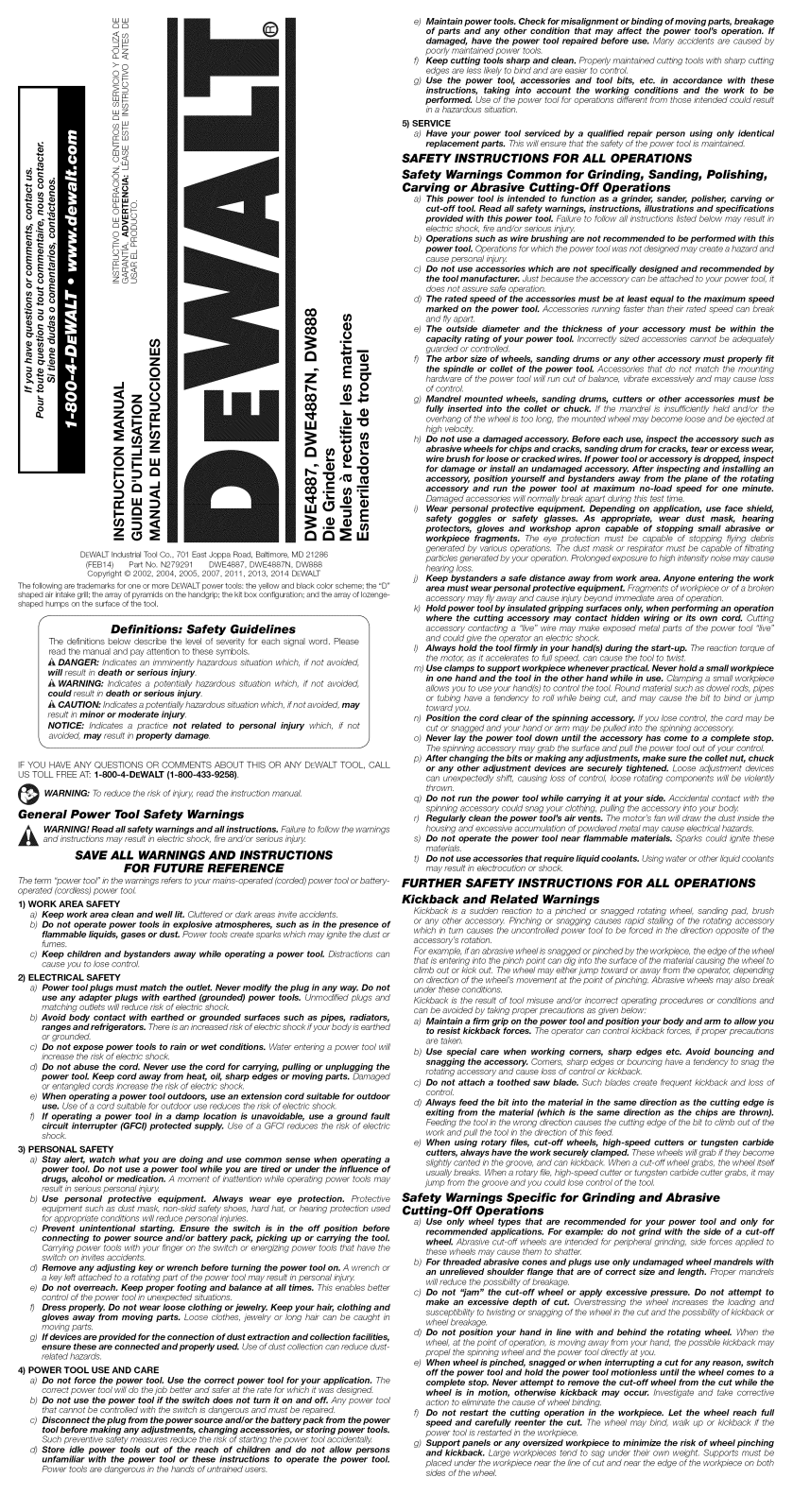 DeWalt DWE4887N TYPE 1, DWE4887 TYPE 1 Owner’s Manual