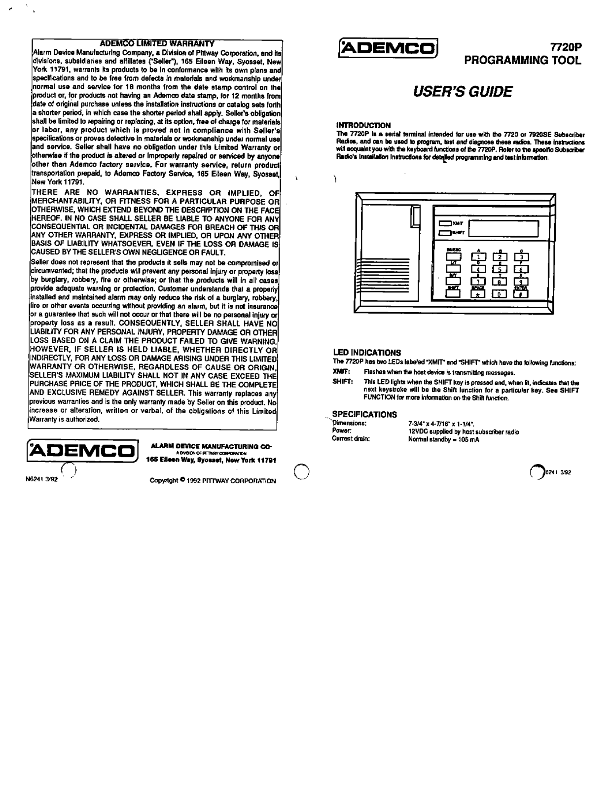 Honeywell Ademco 7720P Programming tool