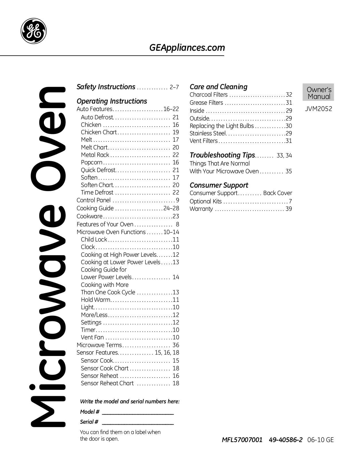 GE JVM2052 Owner’s Manual