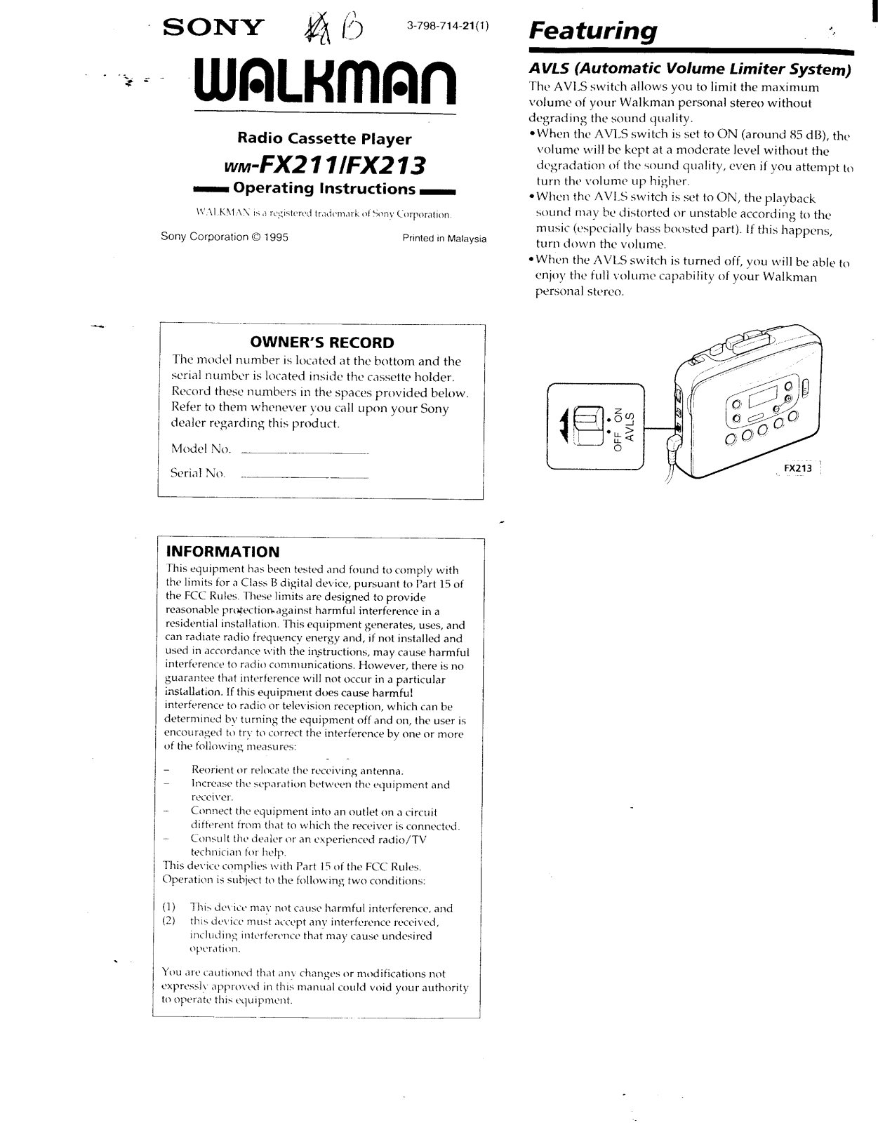 Sony WM-FX211 User Manual