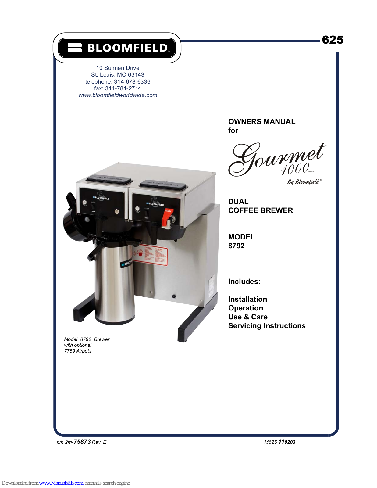 Bloomfield GOURMET 1000 TM/MD 8792 Owner's Manual