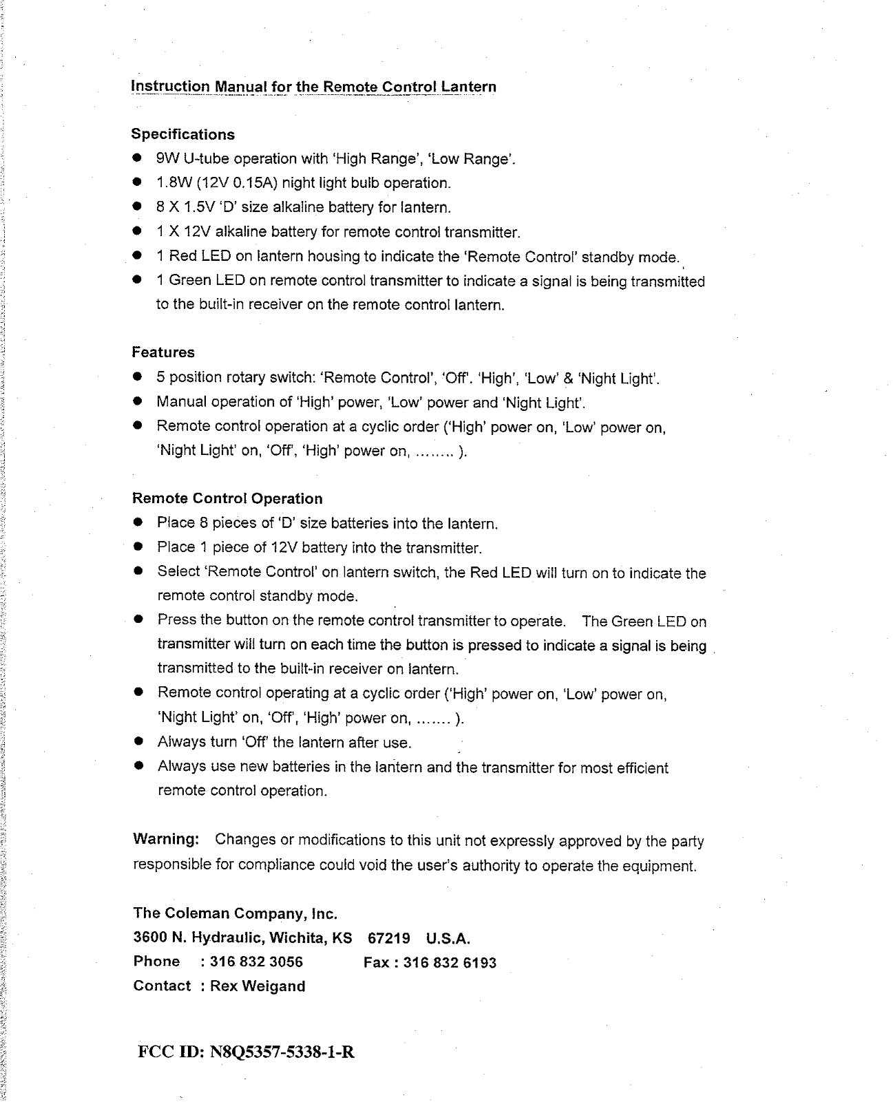 The Coleman 5357 User Manual