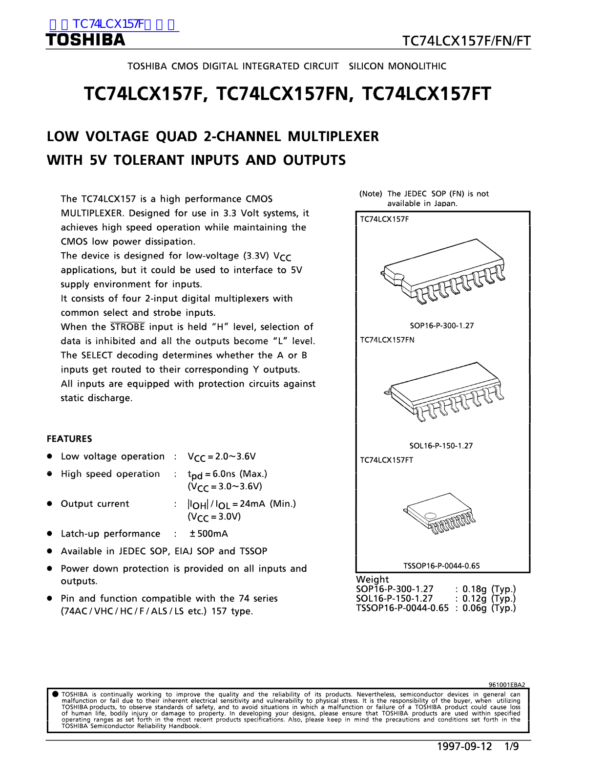 TOSHIBA TC74LCX157F, TC74LCX157FN, TC74LCX157FT Technical data