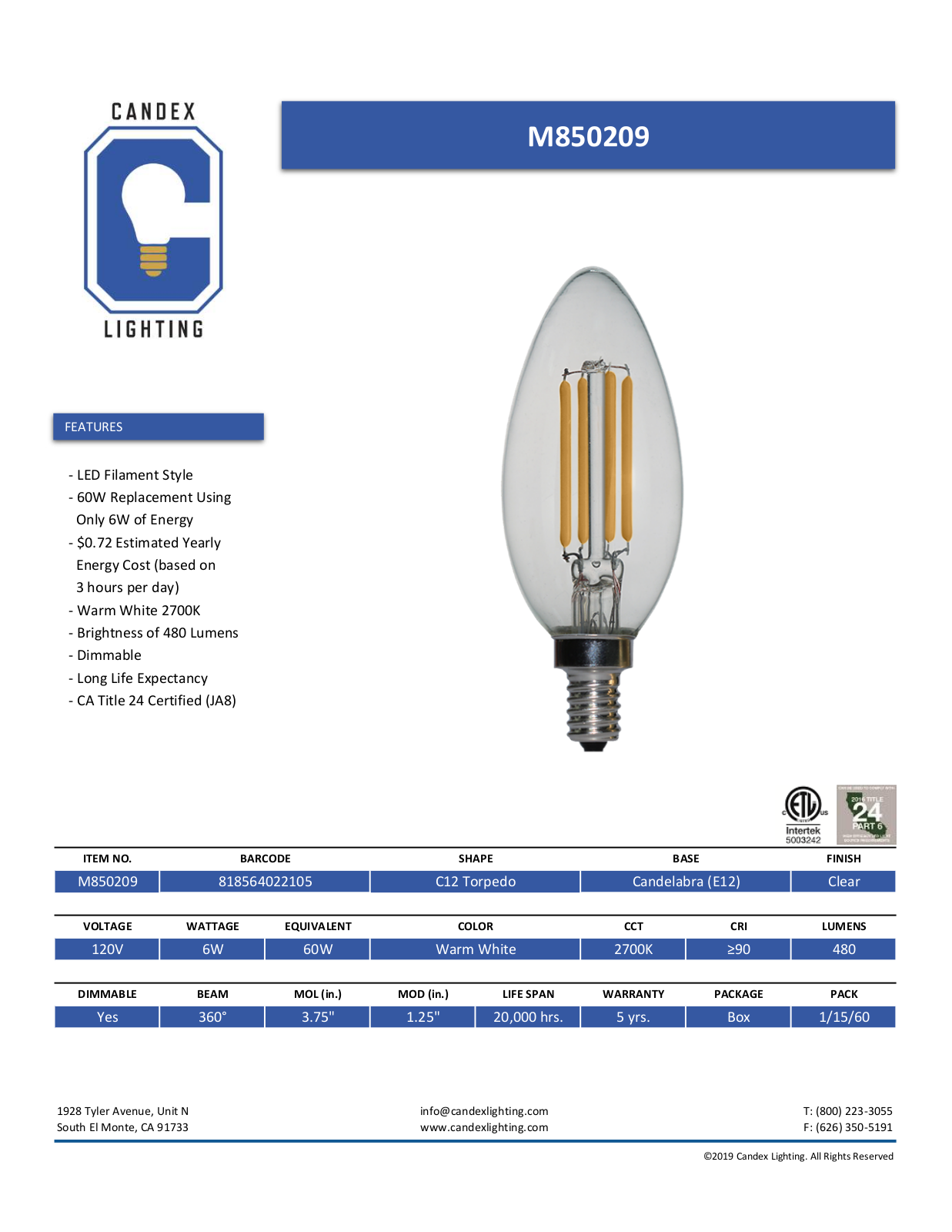 Candex Lighting CNDX1030 Specifications - ManualMachine.com