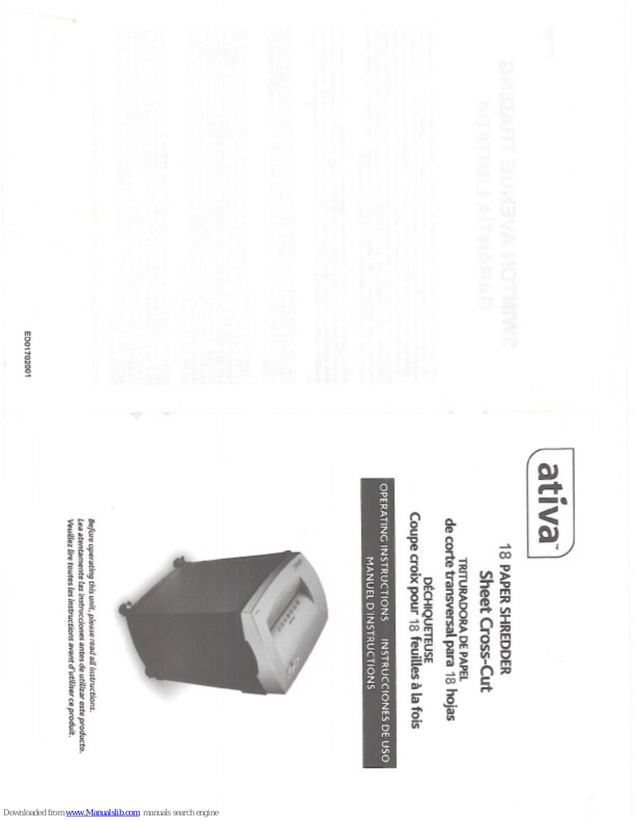 Ativa X1800 Operating Instructions Manual