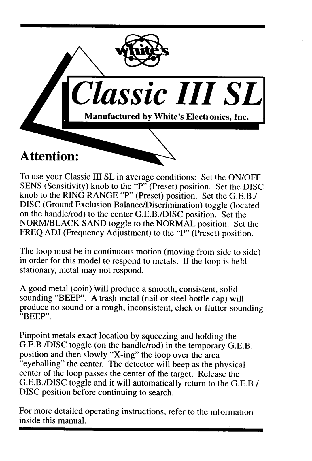 Whites Electronics CL 3 SL User Manual