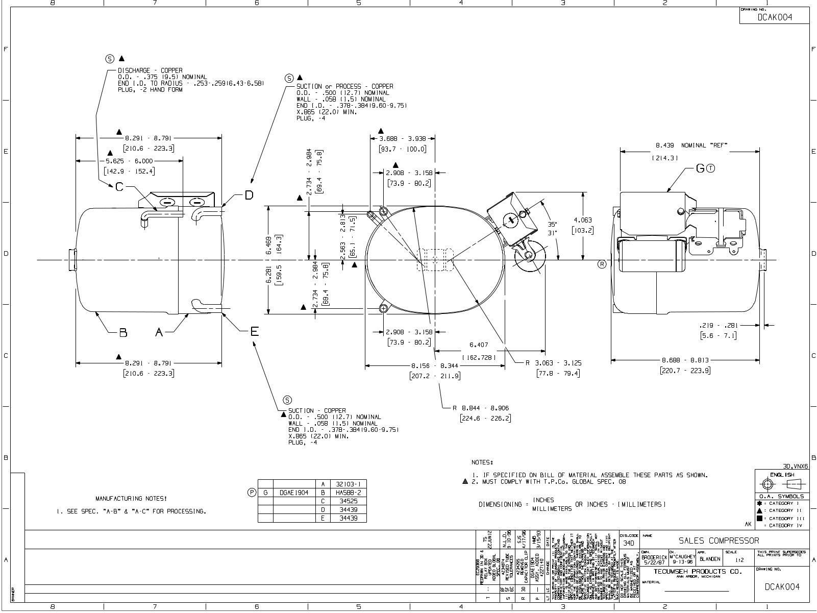 Tecumseh AKA4460YXA, AKA4460YXD, AKA4476YXA, AKA4476YXD, AKA5470EXA Drawing Data