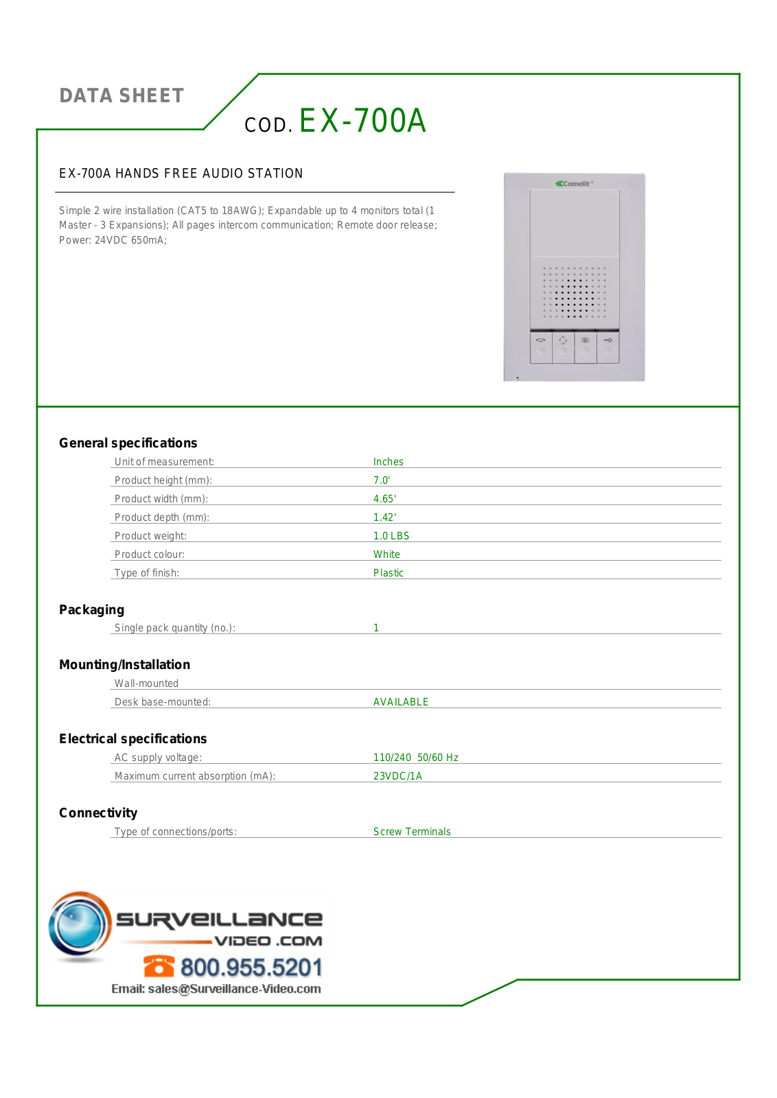 Comelit EX-700A Specsheet