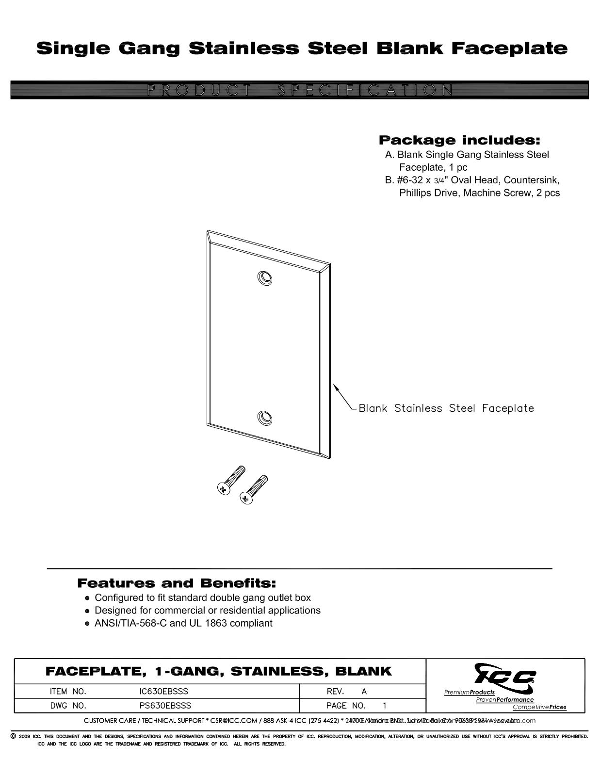 ICC IC630EBSSS Specsheet