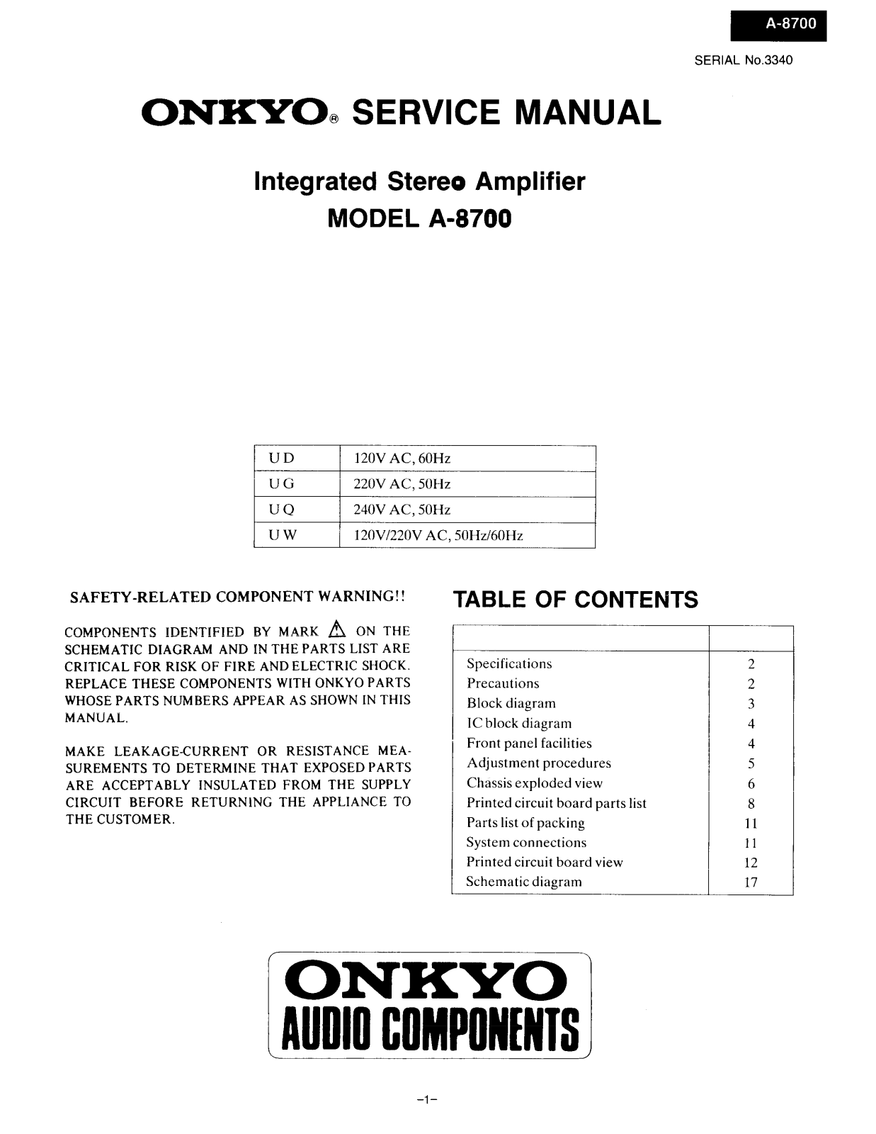 Onkyo A-8700 Service Manual