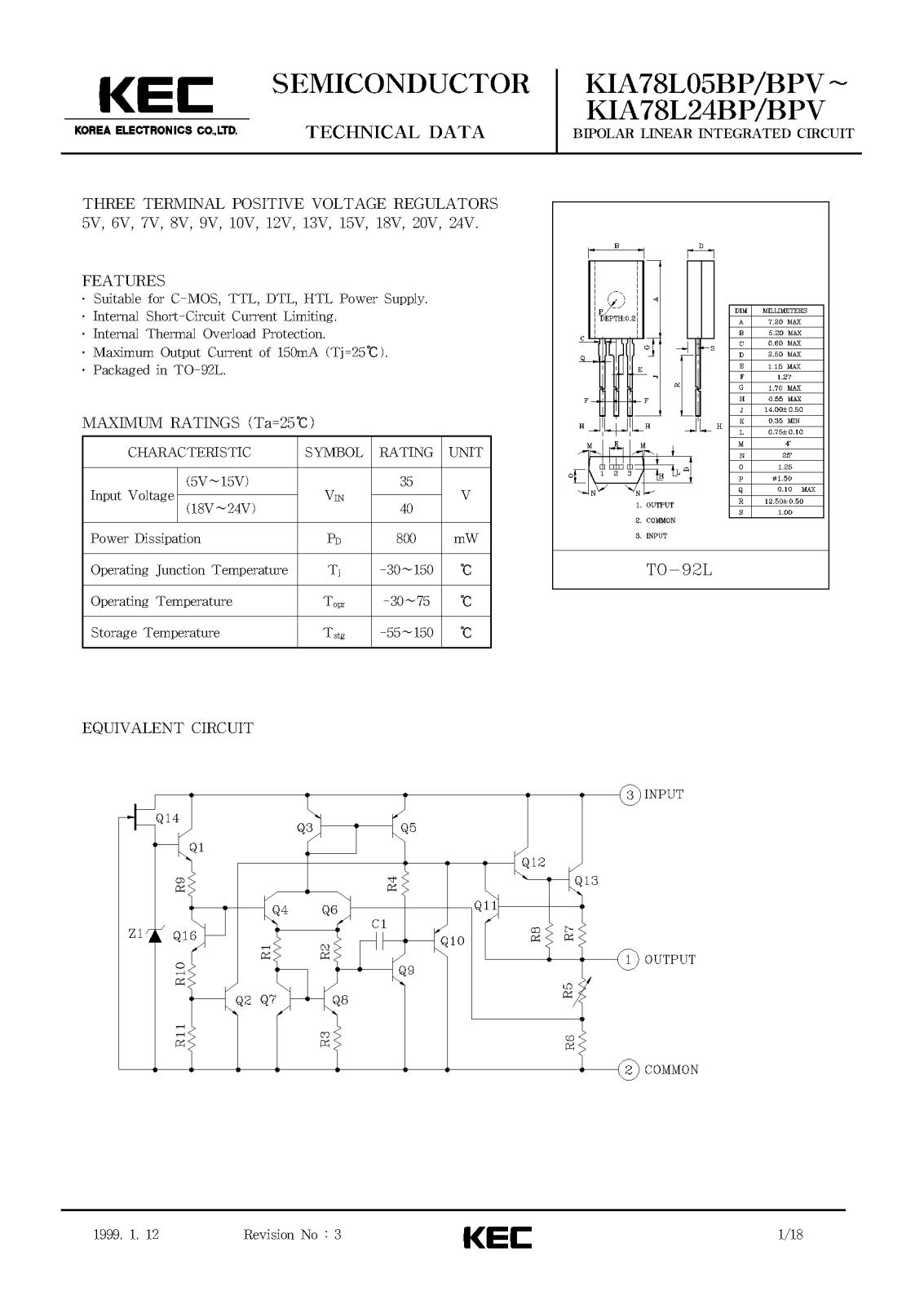 KEC KIA78L24BPV, KIA78L24BP, KIA78L20BPV, KIA78L20BP, KIA78L15BPV Datasheet