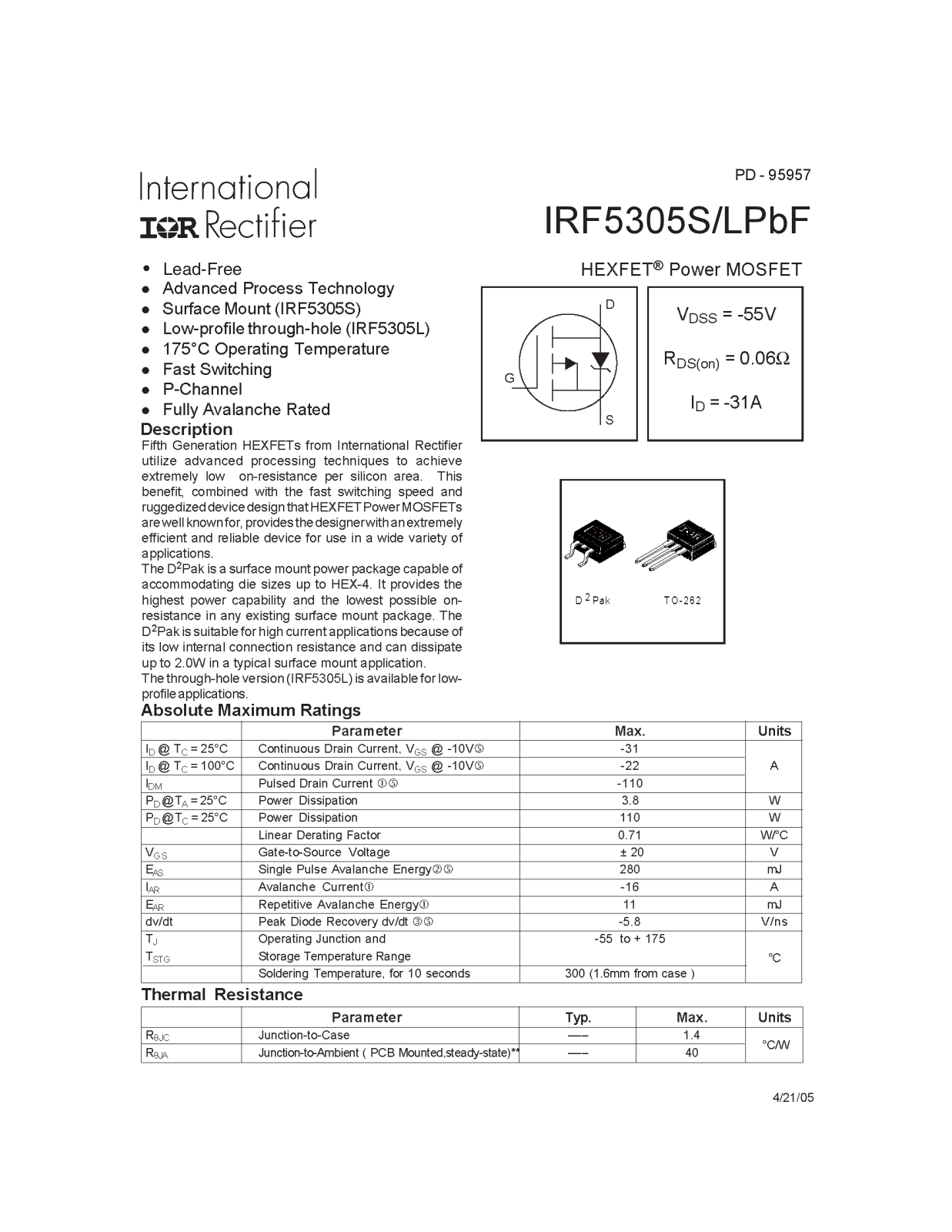 Datasheet IRF5305SPBF Datasheet - ManualMachine.com