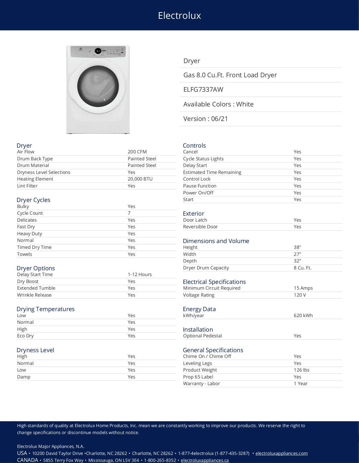 Electrolux ELFG7337AW Specification Sheet