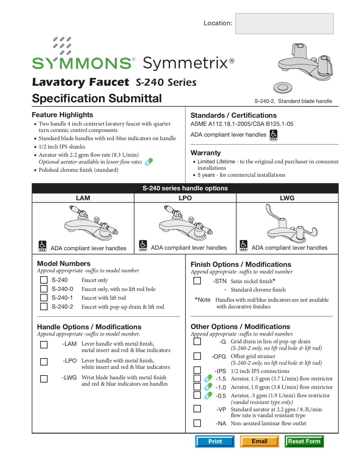 Symmons S-240-2 User Manual