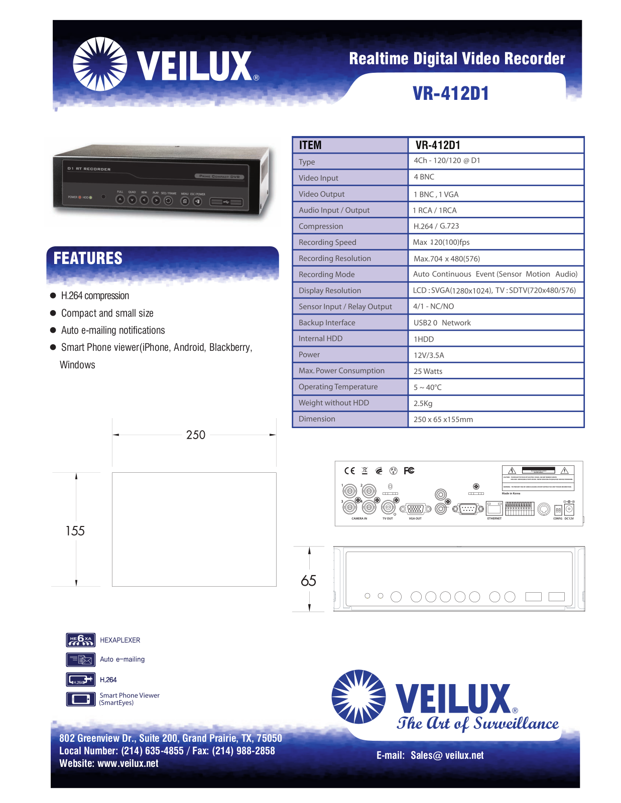 Veilux VR-412D1 Specsheet