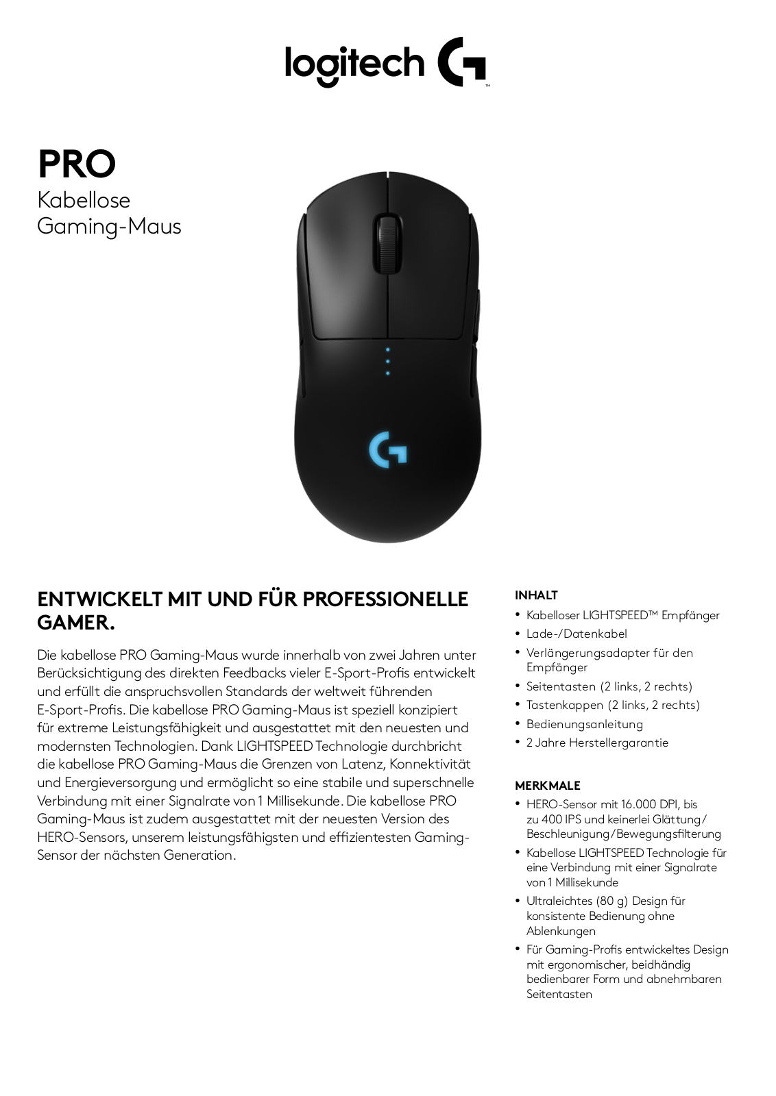 Logitech PRO Technical data